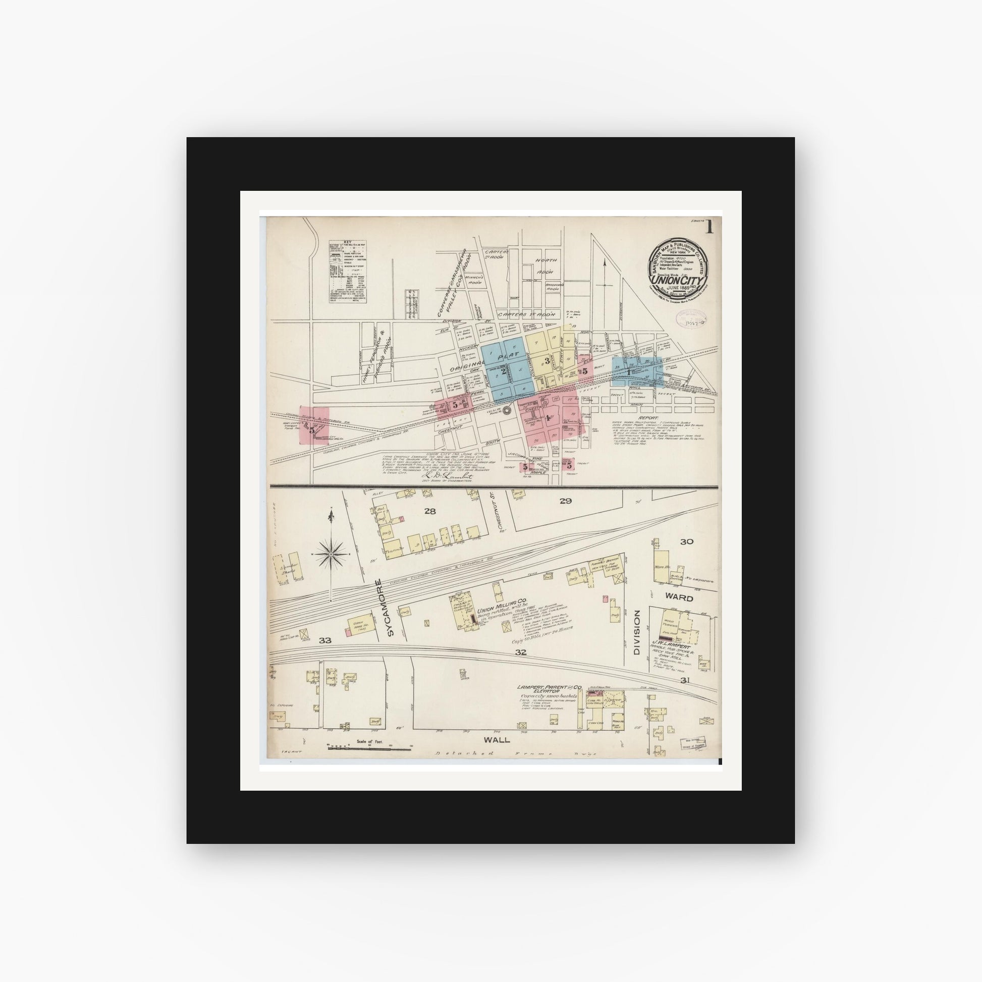 Old map wall art mockup — black gallery frame with white mat — Sanborn Fire Insurance Map from Union City, Randolph County, Indiana (1885) - Complete Map Set