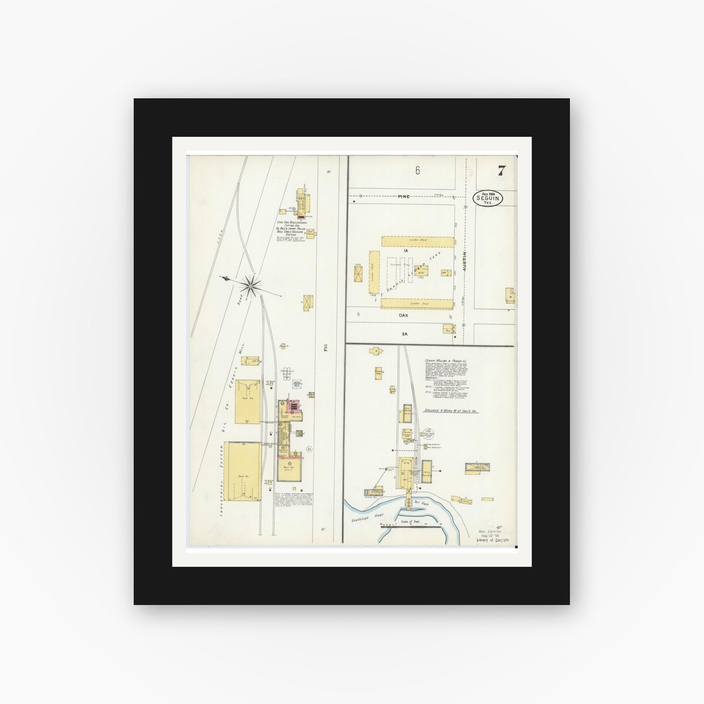 Old map wall art mockup — black gallery frame with white mat — Sanborn Fire Insurance Map from Seguin, Guadalupe County, Texas (1906), Sheet #0007