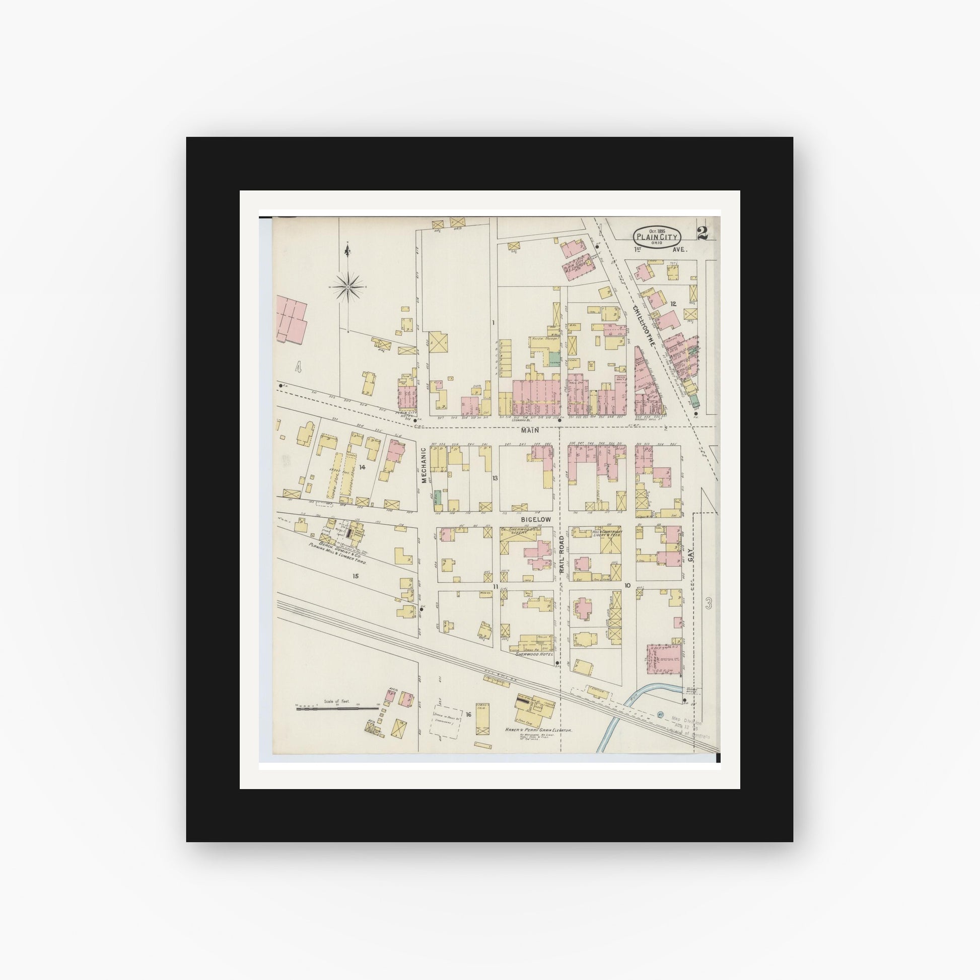 Old map wall art mockup — black gallery frame with white mat — Sanborn Fire Insurance Map from Plain City, Madison And Union Counties, Ohio (1895), Sheet #0002