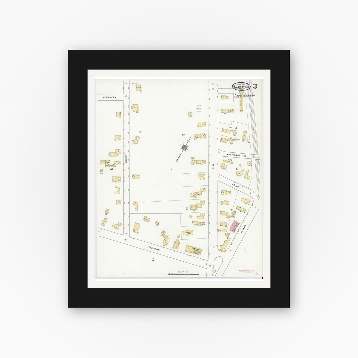 Old map wall art mockup — black gallery frame with white mat — Sanborn Fire Insurance Map from Baldwinville, Worcester County, Massachusetts (1912), Sheet #0003