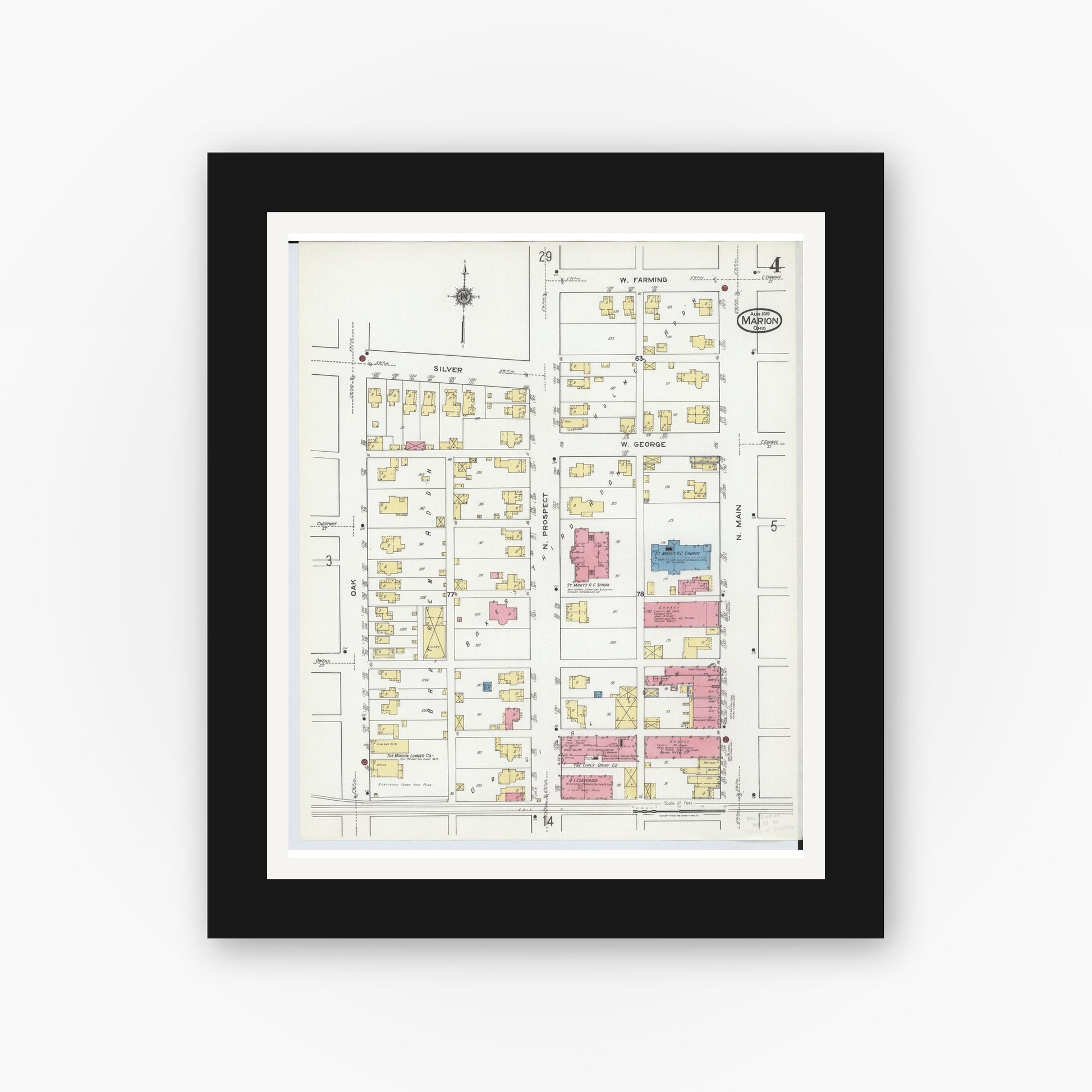 Old map wall art mockup — black gallery frame with white mat — Sanborn Fire Insurance Map from Marion, Marion County, Ohio (1919), Sheet #0004