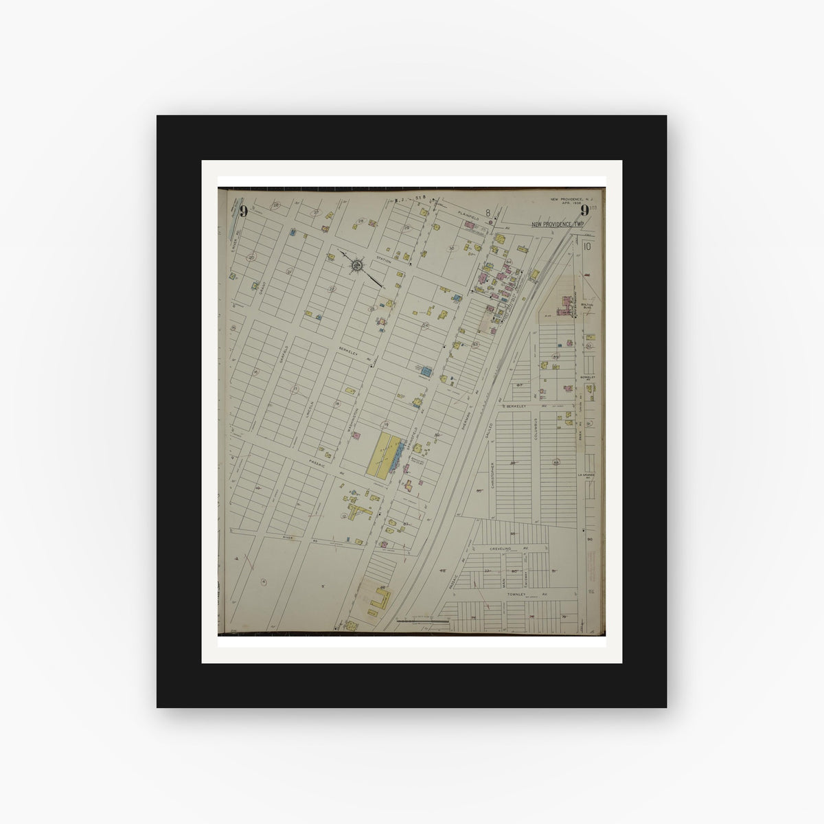 Old map wall art mockup — black gallery frame with white mat — Sanborn Fire Insurance Map from New Providence, Union County, New Jersey (1944), Sheet #0009