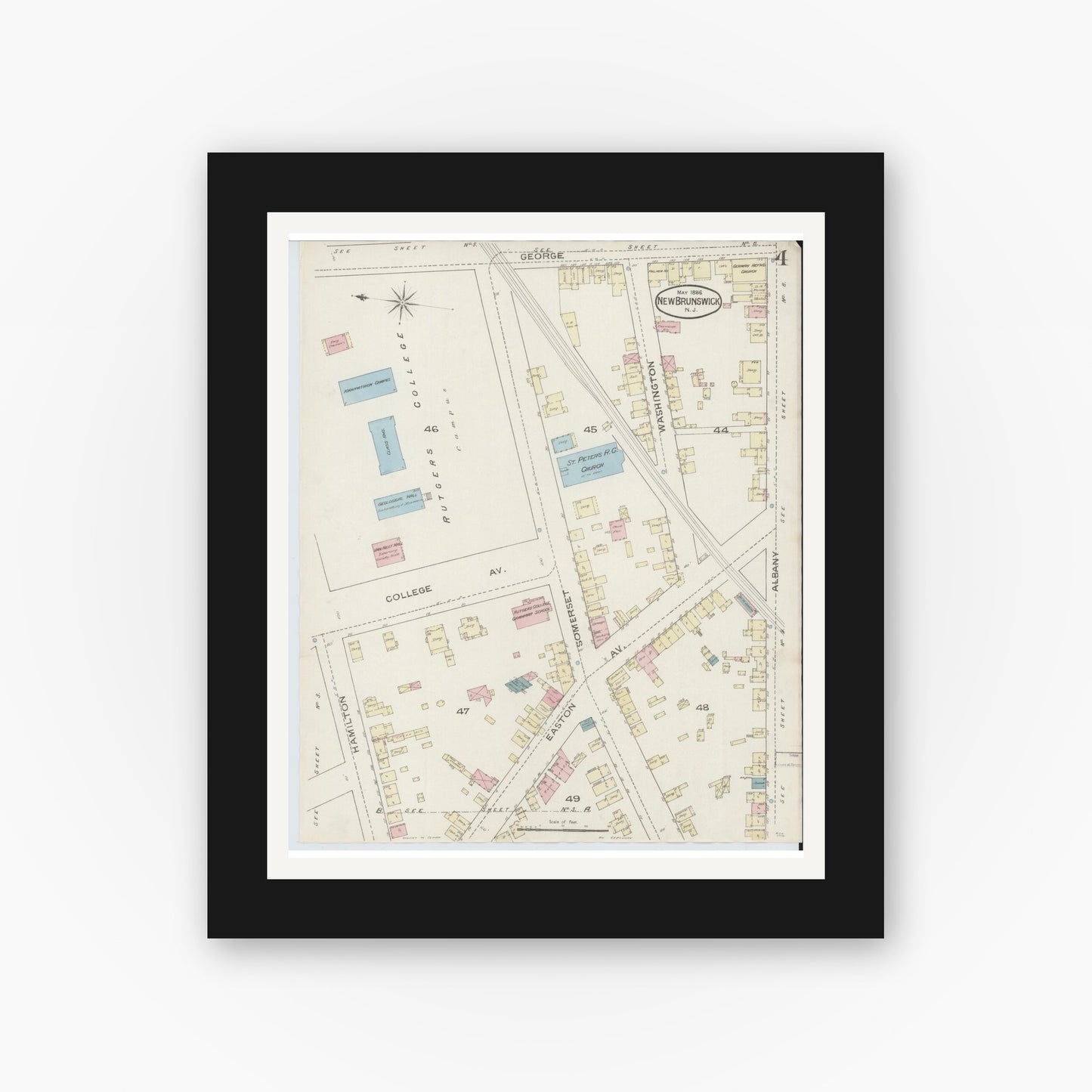 Old map wall art mockup — black gallery frame with white mat — Sanborn Fire Insurance Map from New Brunswick, Middlesex County, New Jersey (1886), Sheet #0004