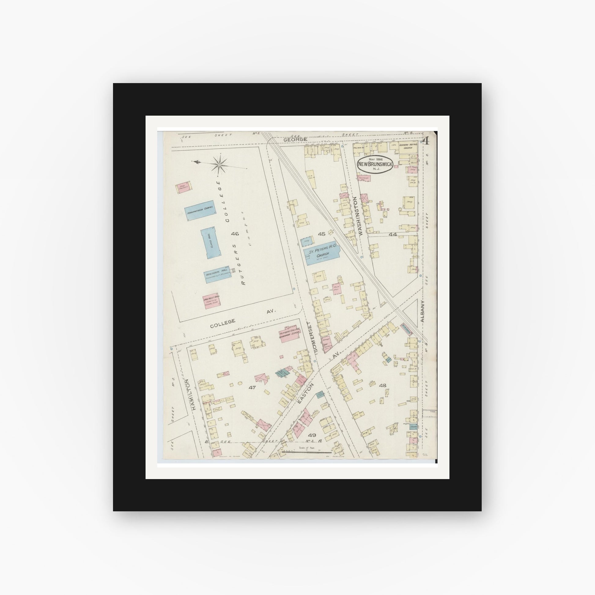 Old map wall art mockup — black gallery frame with white mat — Sanborn Fire Insurance Map from New Brunswick, Middlesex County, New Jersey (1886), Sheet #0004