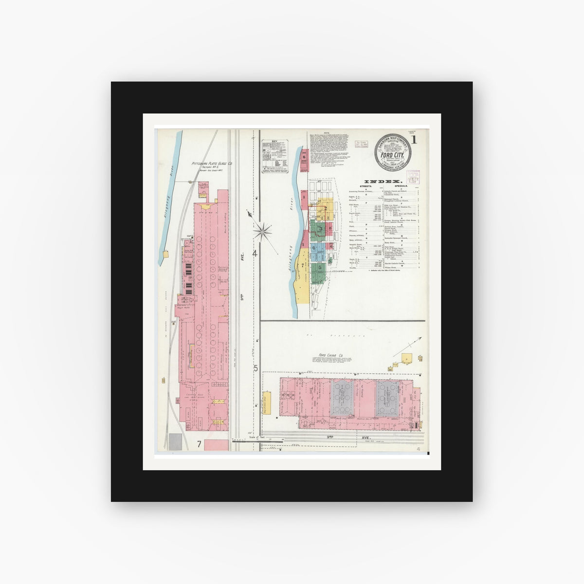 Old map wall art mockup — black gallery frame with white mat — Sanborn Fire Insurance Map from Ford City, Armstrong County, Pennsylvania (1904), Sheet #0001