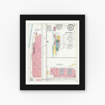 Old map wall art mockup — black gallery frame with white mat — Sanborn Fire Insurance Map from Ford City, Armstrong County, Pennsylvania (1904), Sheet #0001