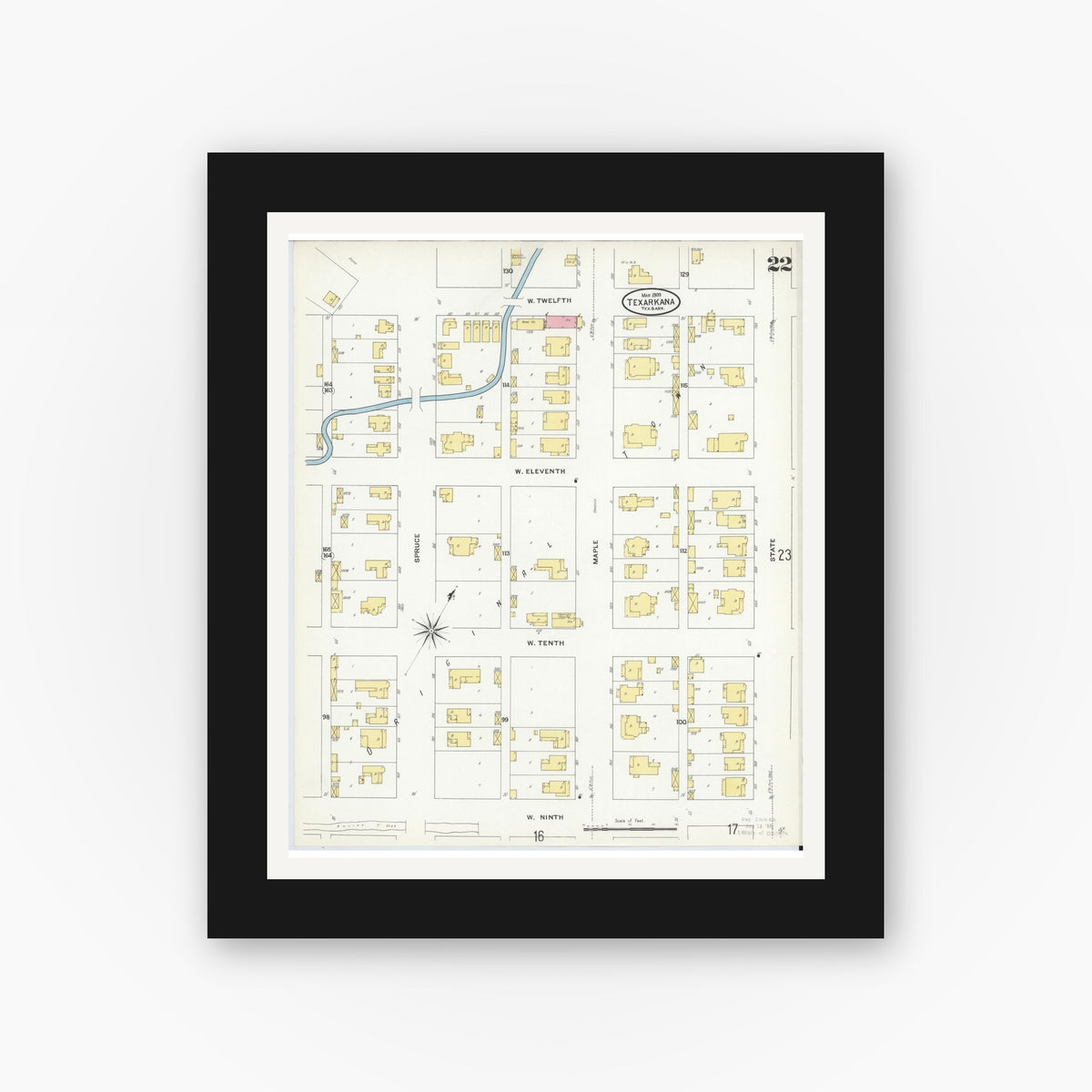 Old map wall art mockup — black gallery frame with white mat — Sanborn Fire Insurance Map from Texarkana, Bowie County, Texas (1909), Sheet #0022