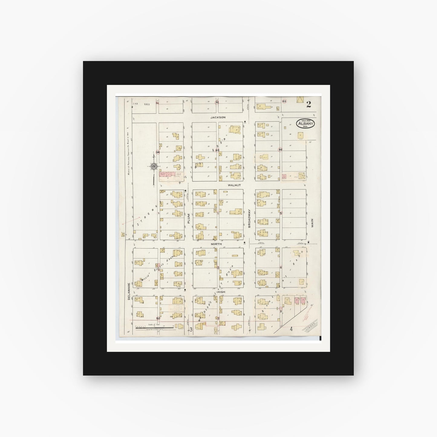 Old map wall art mockup — black gallery frame with white mat — Sanborn Fire Insurance Map from Albany, Delaware County, Indiana (1943), Sheet #0002