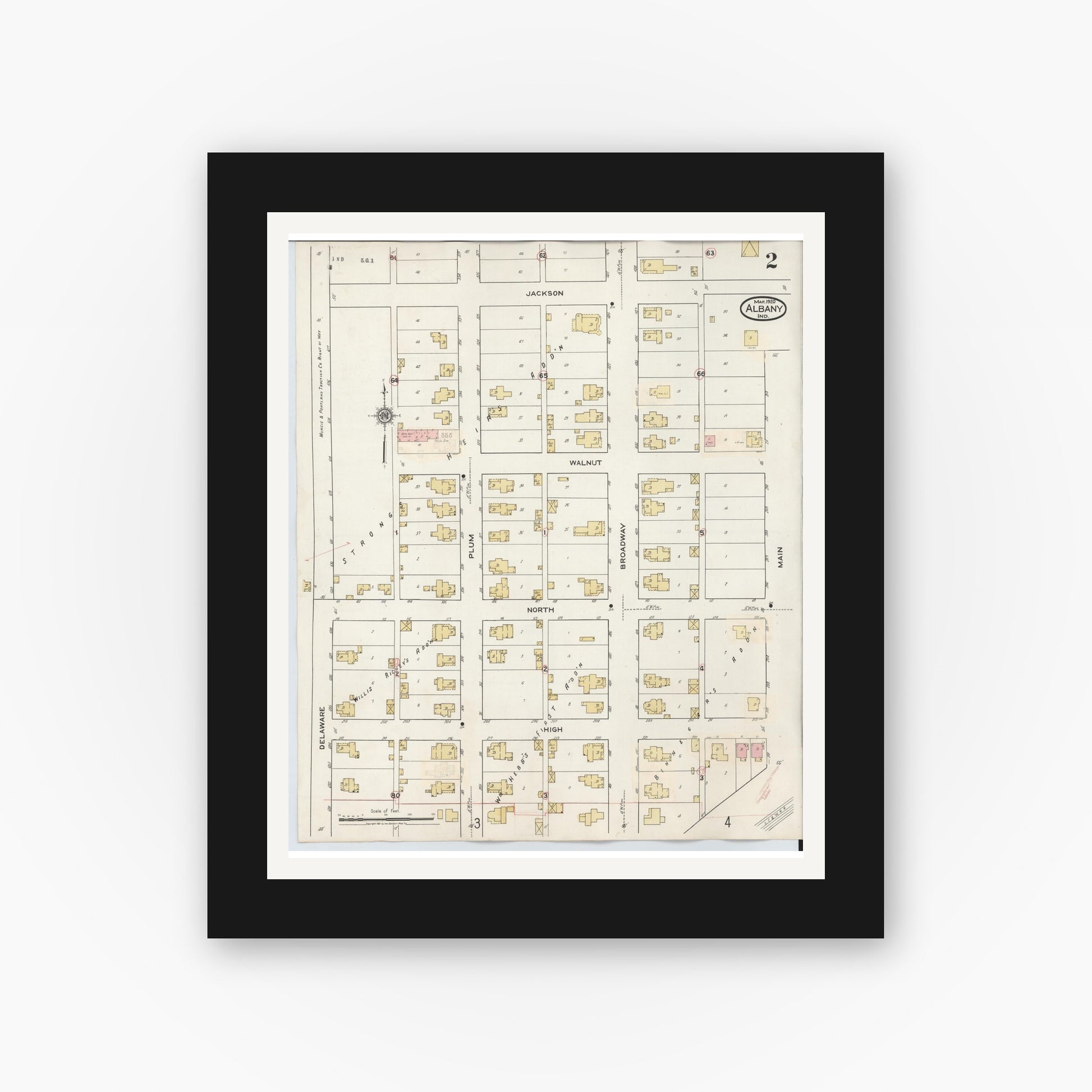 Old map wall art mockup — black gallery frame with white mat — Sanborn Fire Insurance Map from Albany, Delaware County, Indiana (1943), Sheet #0002