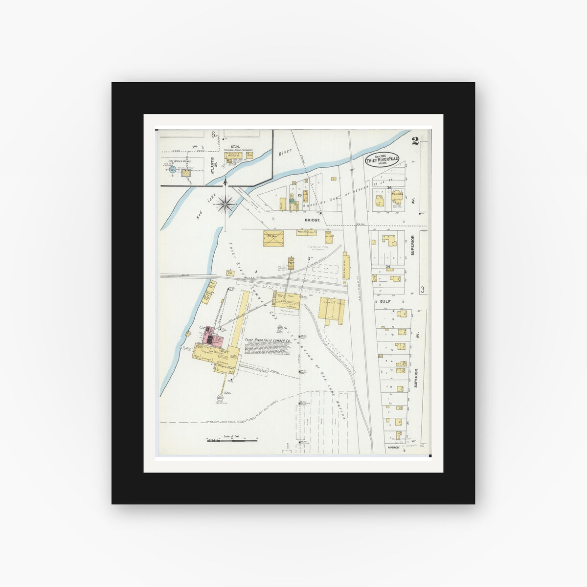 Old map wall art mockup — black gallery frame with white mat — Sanborn Fire Insurance Map from Thief River Falls, Pennington County, Minnesota (1906), Sheet #0002