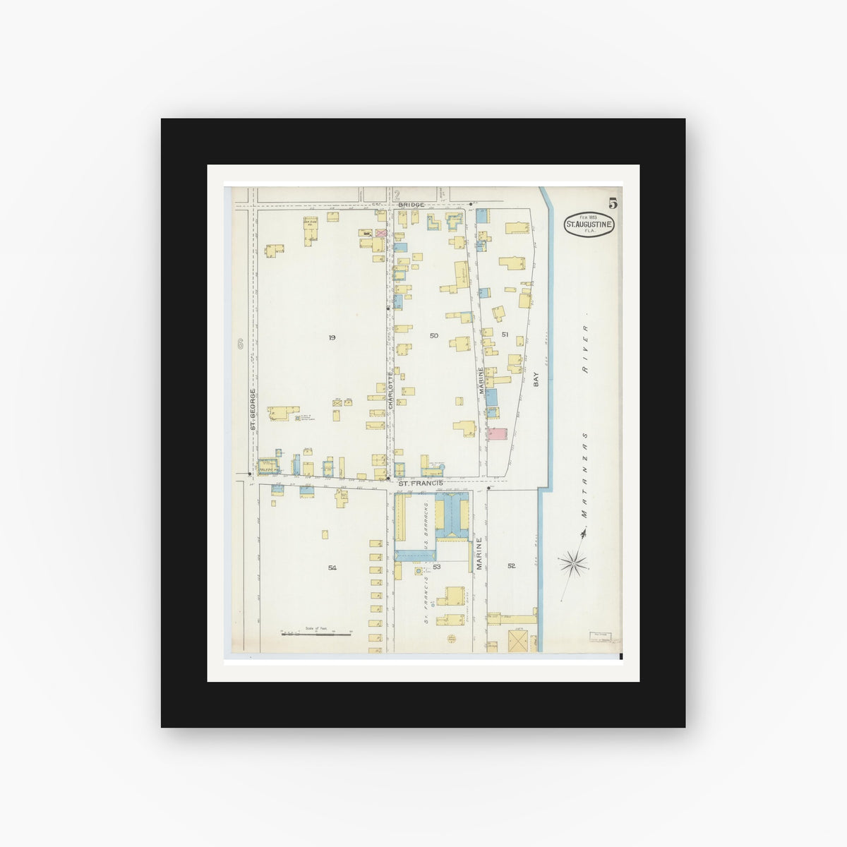Old map wall art mockup — black gallery frame with white mat — Sanborn Fire Insurance Map from Saint Augustine, Saint John's County, Florida (1893), Sheet #0005