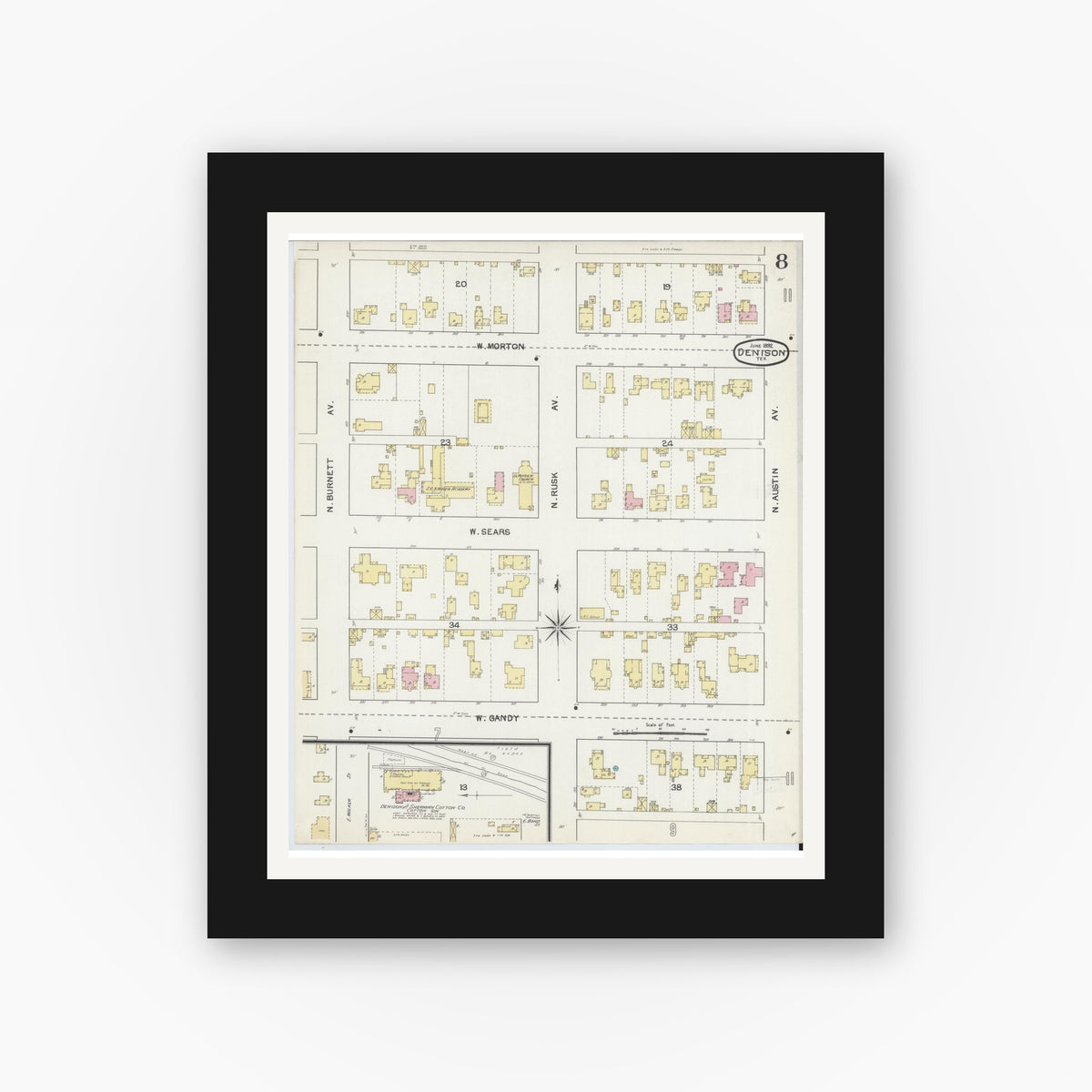 Old map wall art mockup — black gallery frame with white mat — Sanborn Fire Insurance Map from Denison, Grayson County, Texas (1892), Sheet #0008