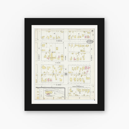 Old map wall art mockup — black gallery frame with white mat — Sanborn Fire Insurance Map from Denison, Grayson County, Texas (1892), Sheet #0008