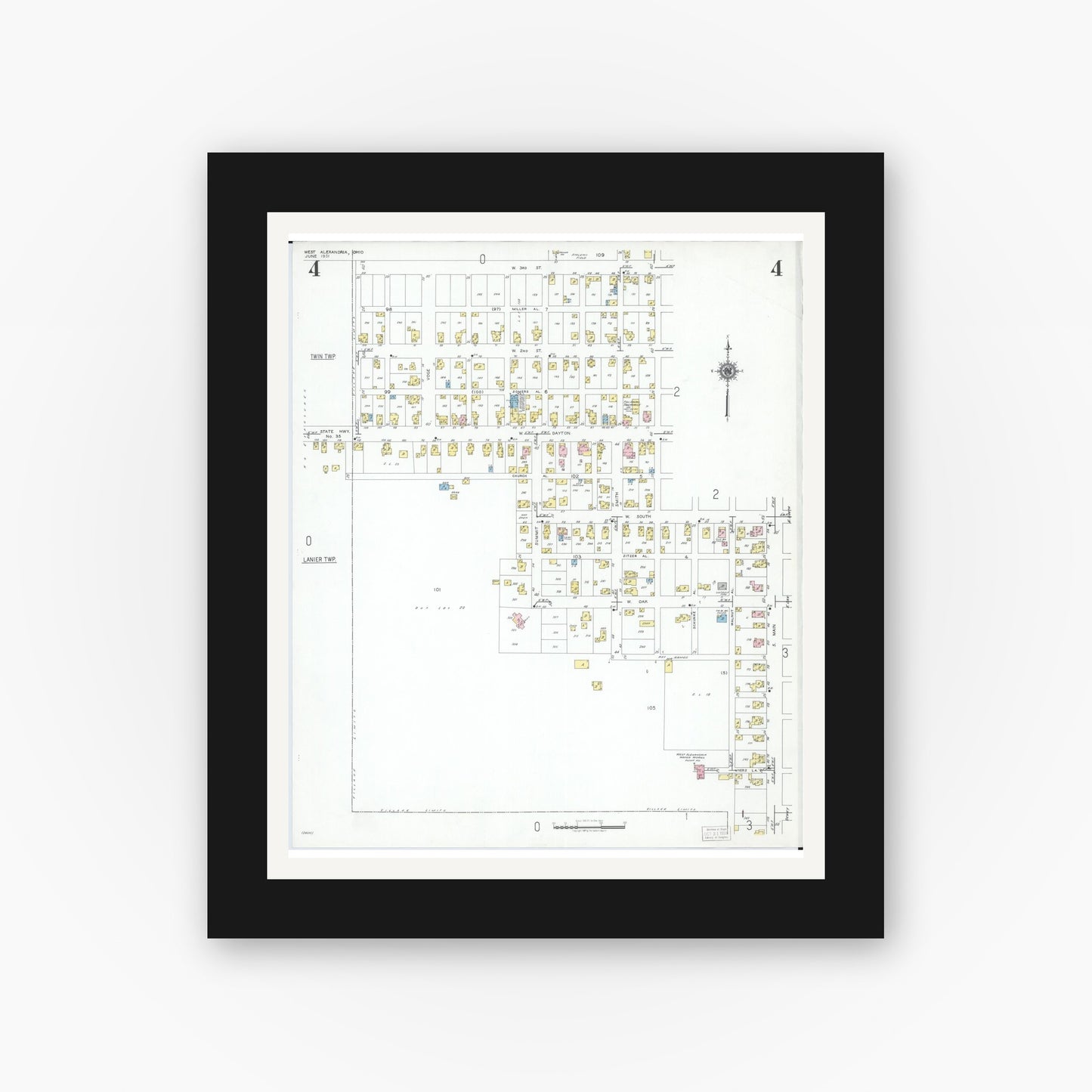 Old map wall art mockup — black gallery frame with white mat — Sanborn Fire Insurance Map from West Alexandria, Preble County, Ohio (1951), Sheet #0004