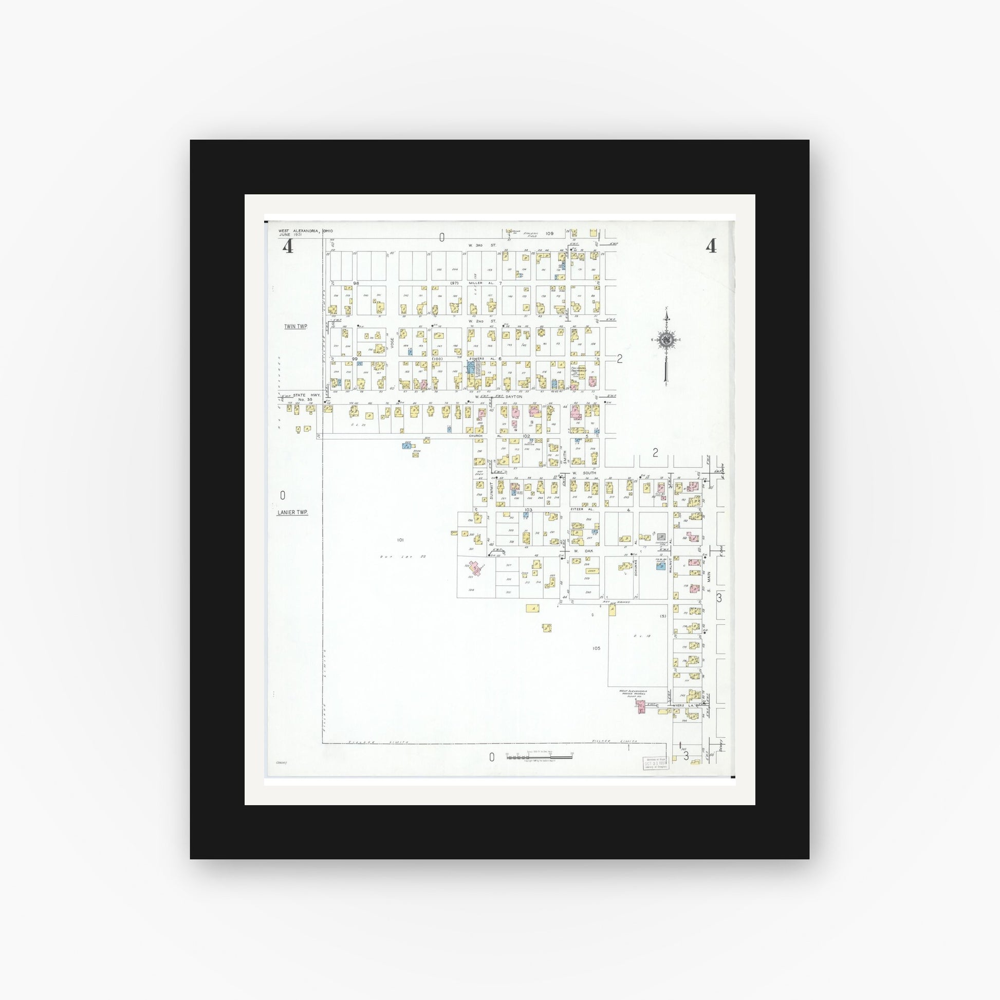 Old map wall art mockup — black gallery frame with white mat — Sanborn Fire Insurance Map from West Alexandria, Preble County, Ohio (1951), Sheet #0004