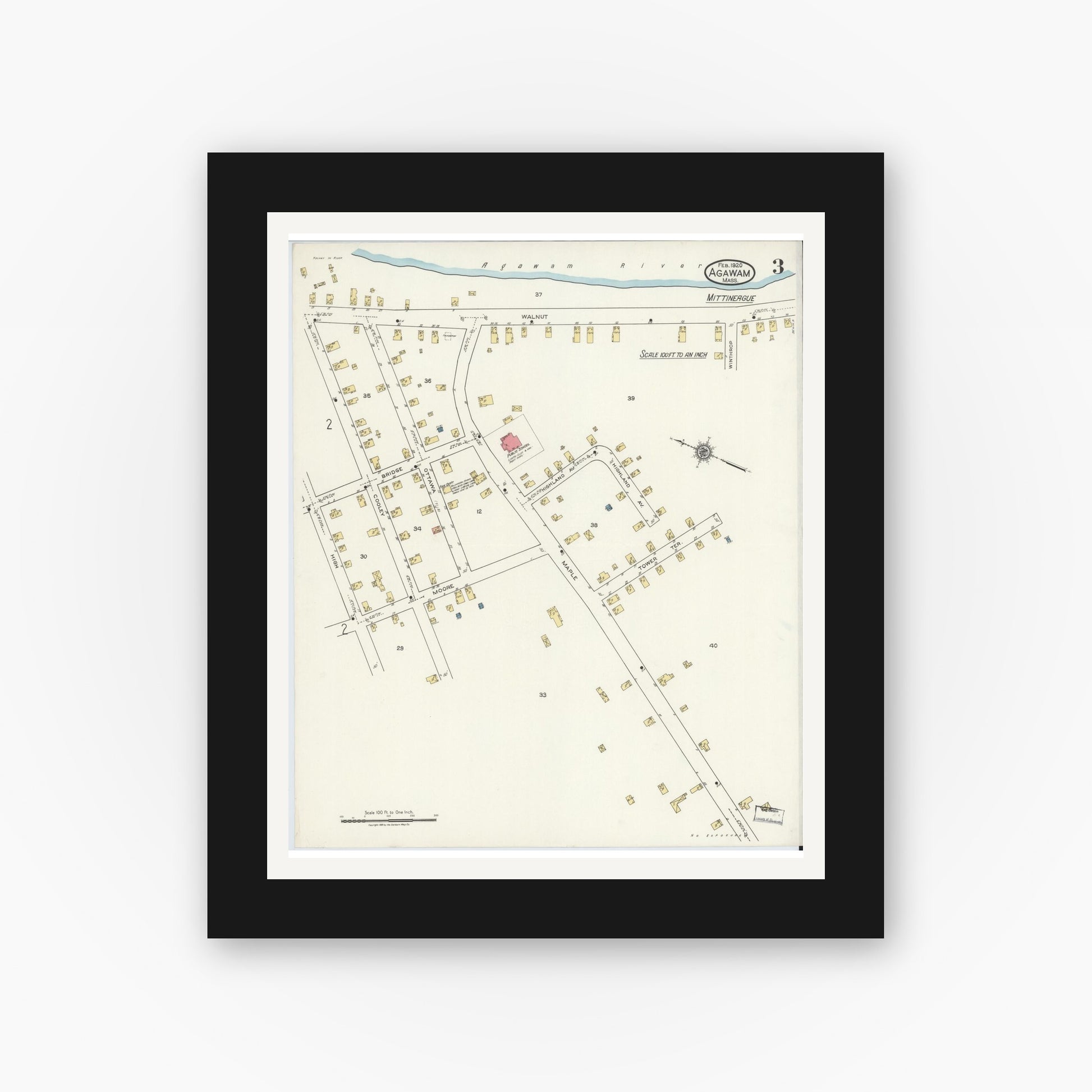 Old map wall art mockup — black gallery frame with white mat — Sanborn Fire Insurance Map from Agawam, Hampden County, Massachusetts (1920), Sheet #0003