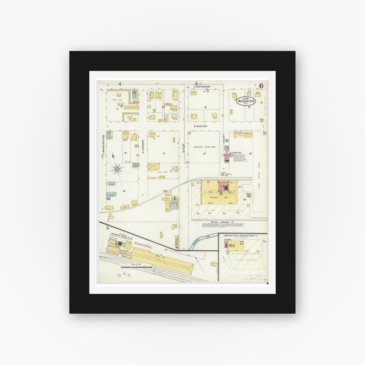 Old map wall art mockup — black gallery frame with white mat — Sanborn Fire Insurance Map from Waxahachie, Ellis County, Texas (1898), Sheet #0006