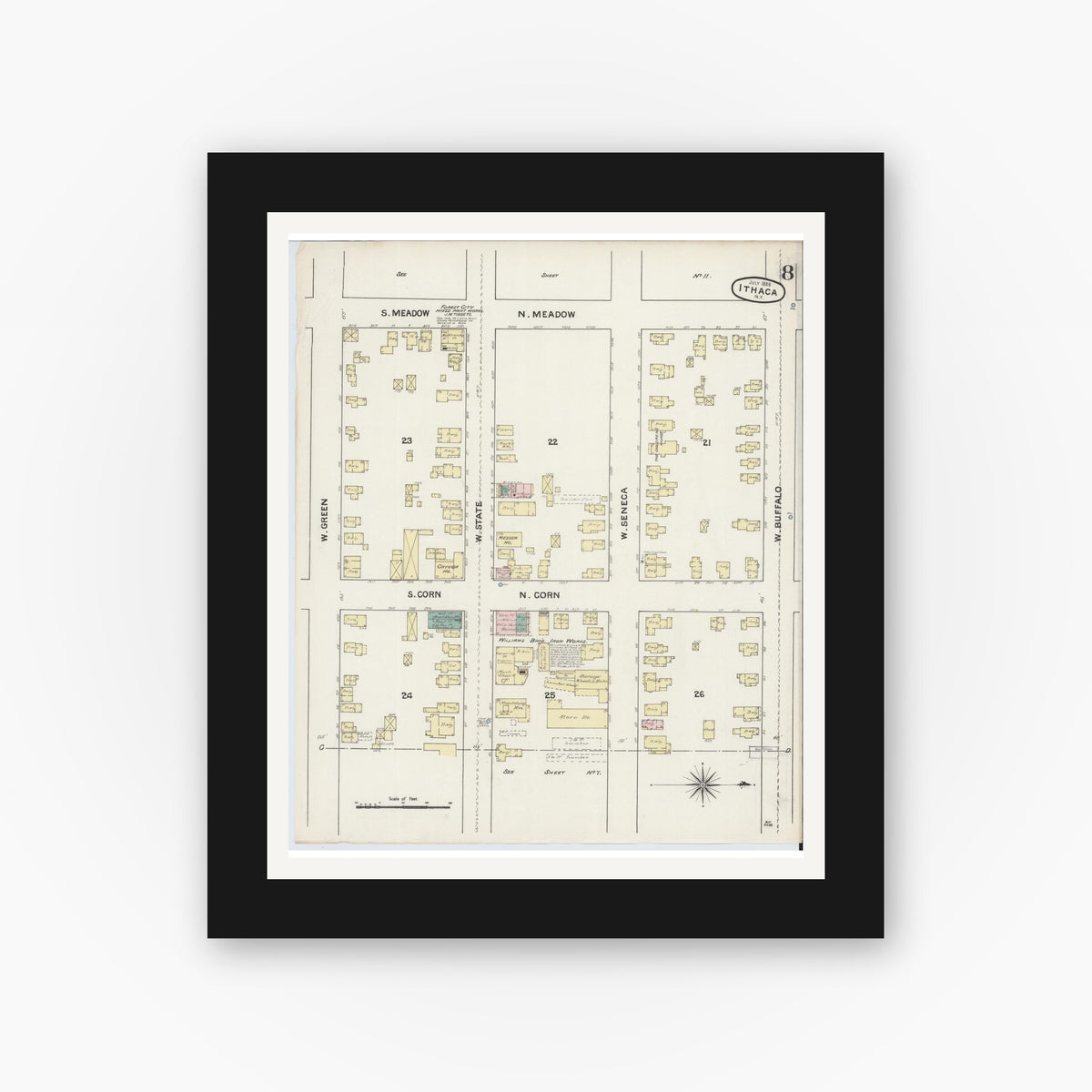 Old map wall art mockup — black gallery frame with white mat — Sanborn Fire Insurance Map from Ithaca, Tompkins County, New York (1888), Sheet #0008