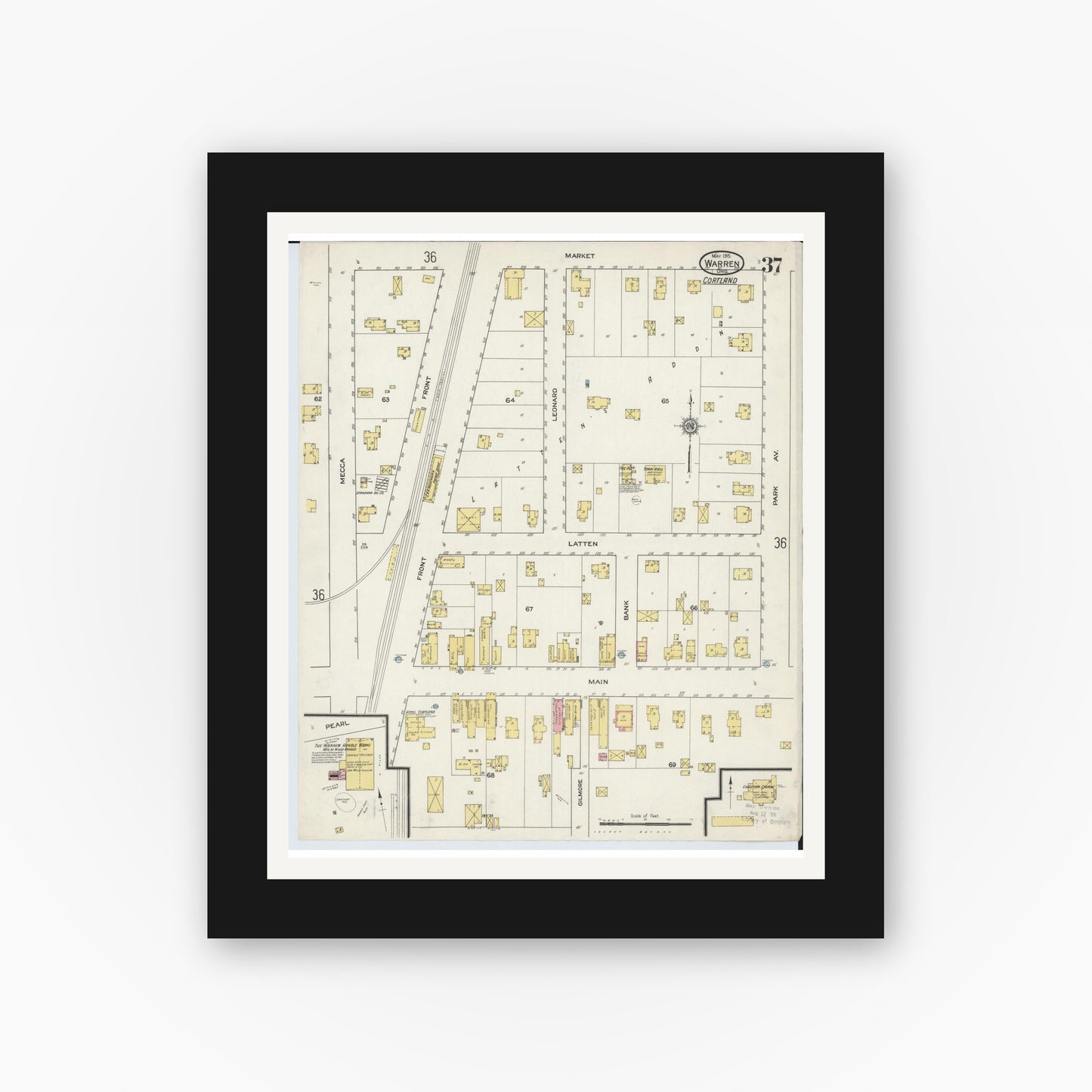 Old map wall art mockup — black gallery frame with white mat — Sanborn Fire Insurance Map from Warren, Trumbull County, Ohio (1915), Sheet #0037