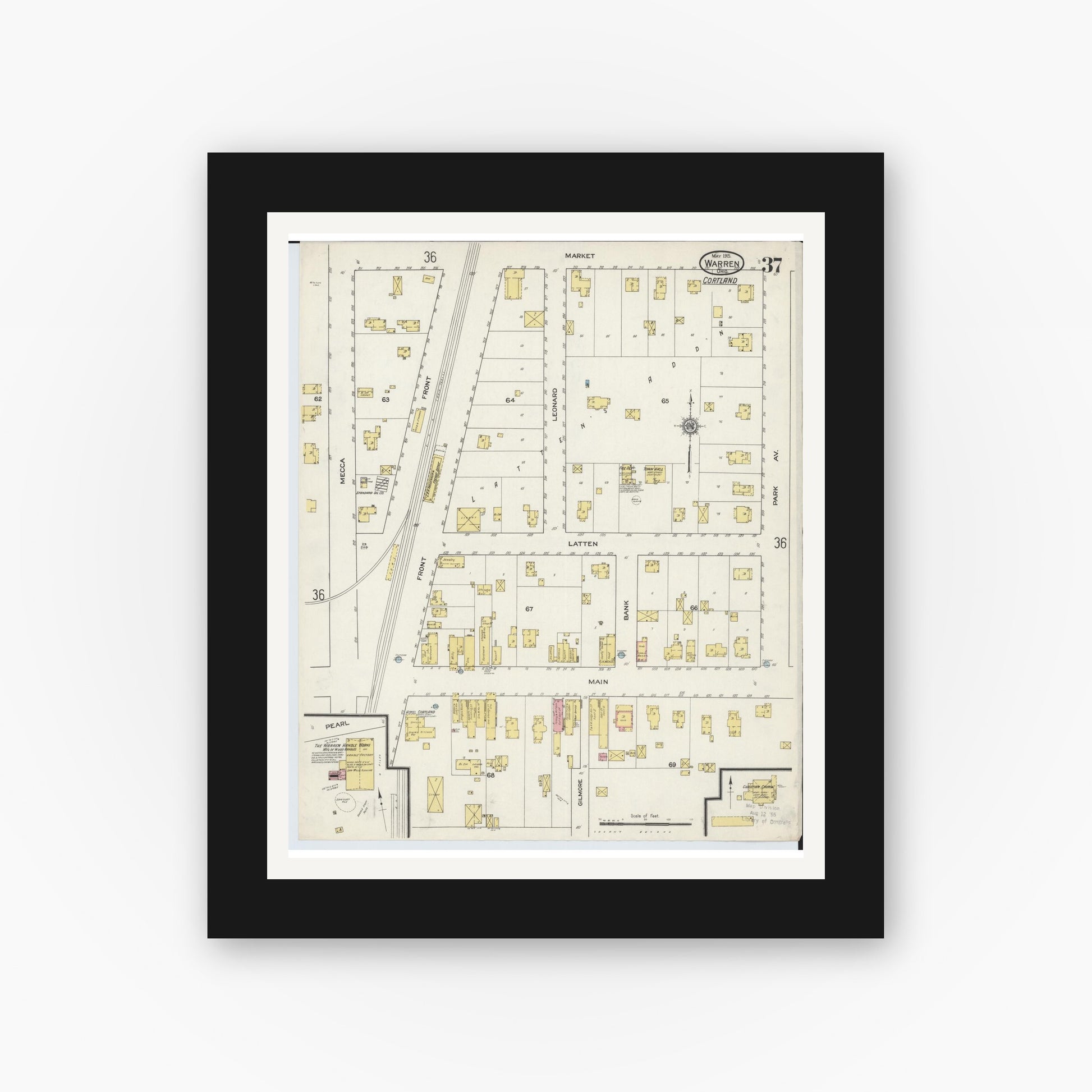 Old map wall art mockup — black gallery frame with white mat — Sanborn Fire Insurance Map from Warren, Trumbull County, Ohio (1915), Sheet #0037