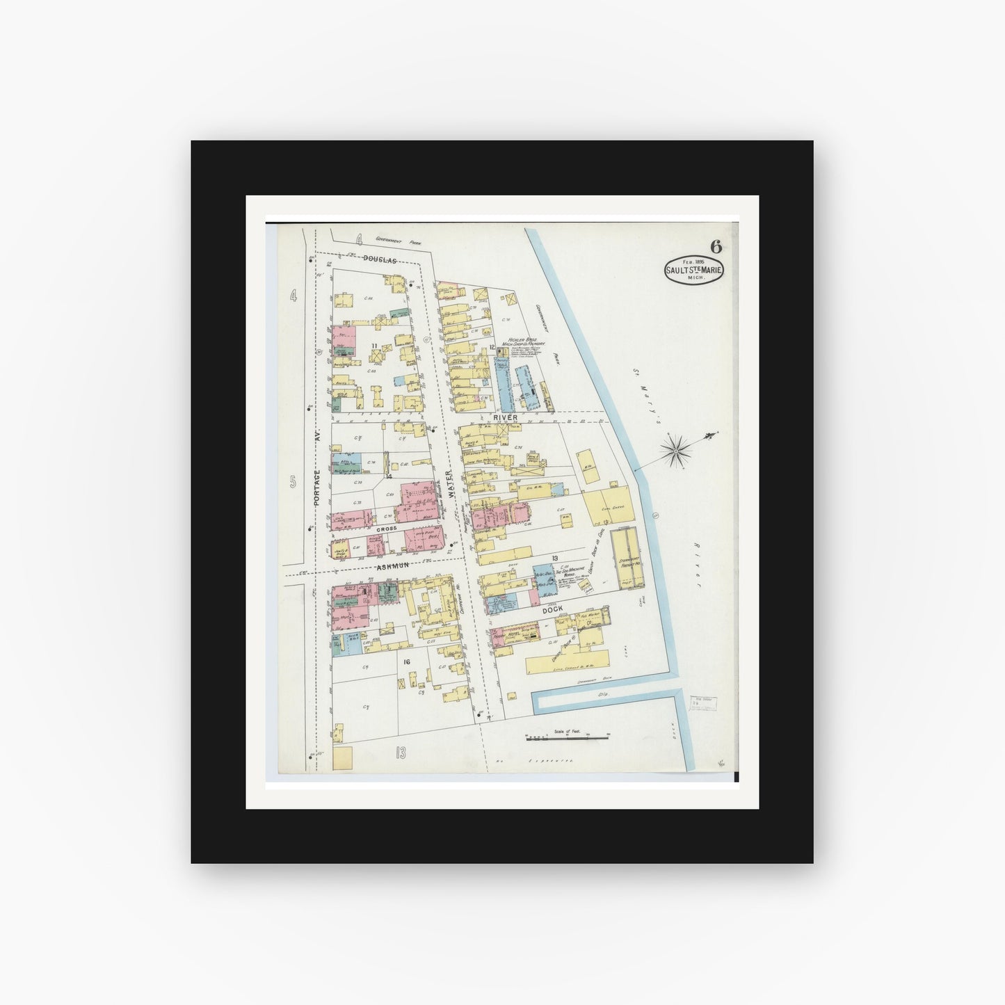 Old map wall art mockup — black gallery frame with white mat — Sanborn Fire Insurance Map from Sault Sainte Marie, Chippewa County, Michigan (1895), Sheet #0006