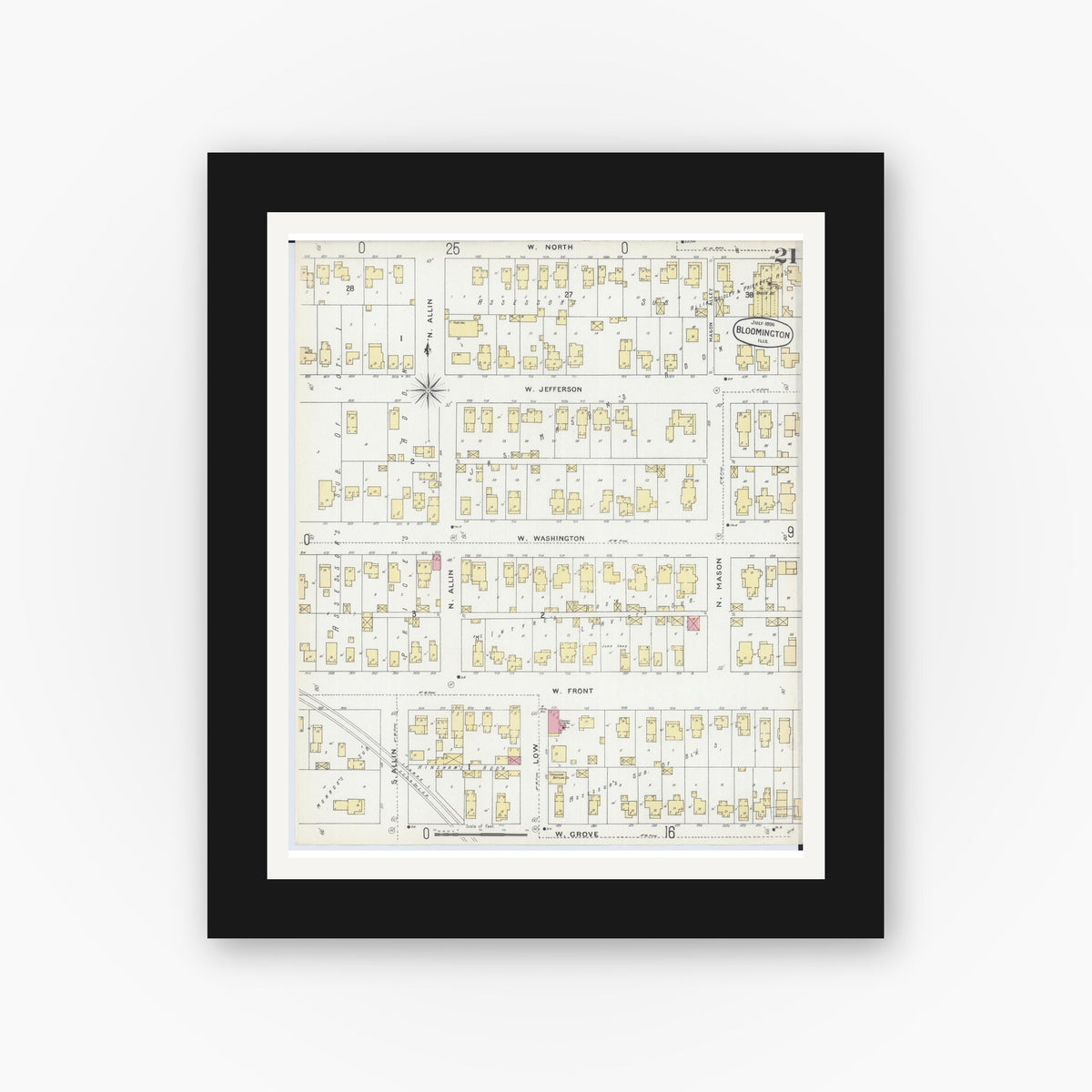 Old map wall art mockup — black gallery frame with white mat — Sanborn Fire Insurance Map from Bloomington, McLean County, Illinois (1896), Sheet #0021