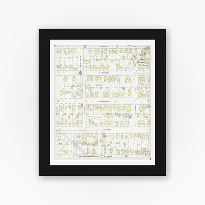 Old map wall art mockup — black gallery frame with white mat — Sanborn Fire Insurance Map from Bloomington, McLean County, Illinois (1896), Sheet #0021