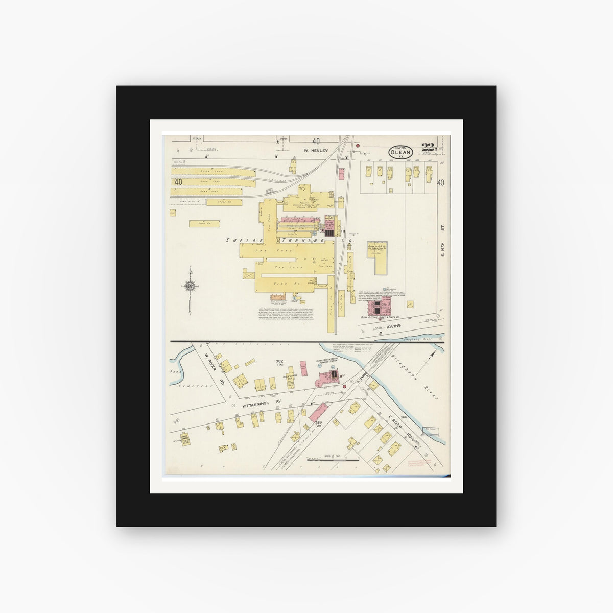 Old map wall art mockup — black gallery frame with white mat — Sanborn Fire Insurance Map from Olean, Cattaraugus County, New York (1915), Sheet #0022