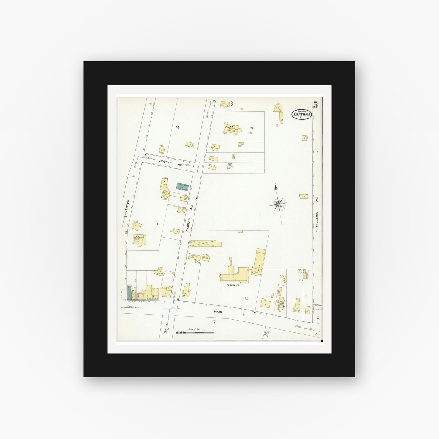 Old map wall art mockup — black gallery frame with white mat — Sanborn Fire Insurance Map from Chatham, Morris County, New Jersey (1909), Sheet #0005