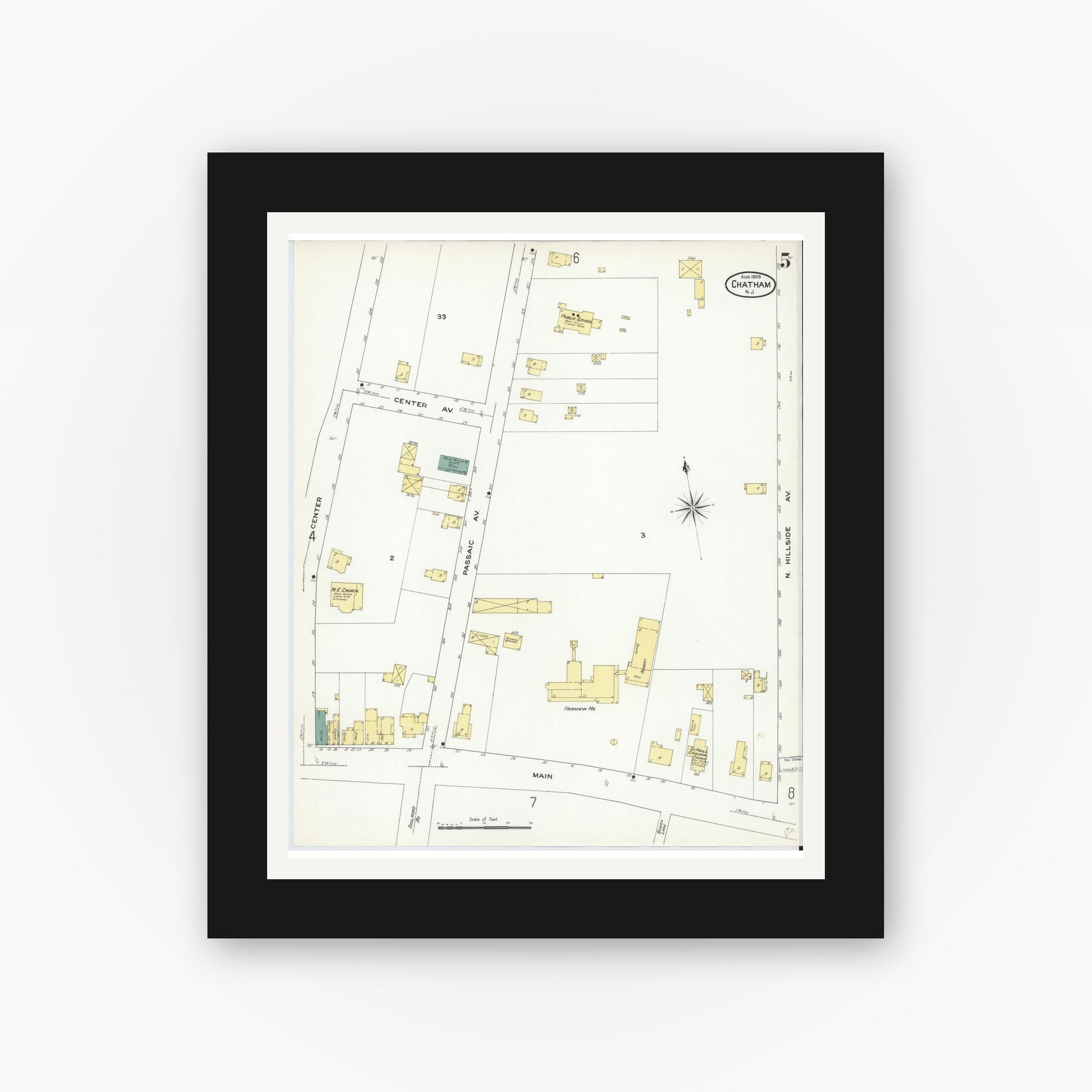 Old map wall art mockup — black gallery frame with white mat — Sanborn Fire Insurance Map from Chatham, Morris County, New Jersey (1909), Sheet #0005