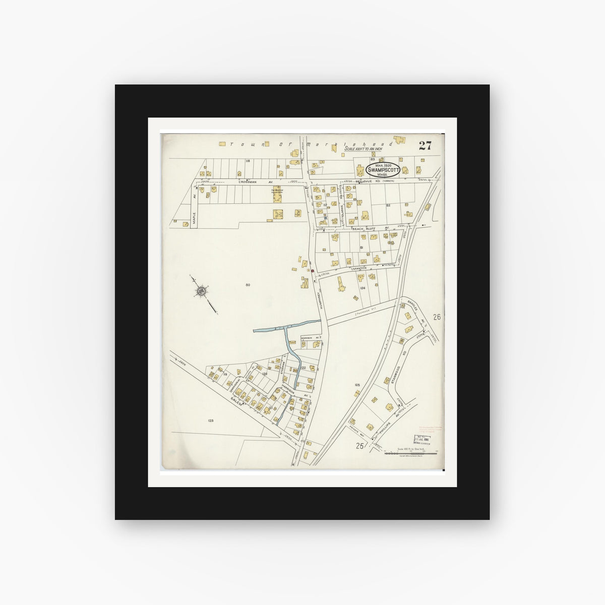 Old map wall art mockup — black gallery frame with white mat — Sanborn Fire Insurance Map from Swampscott, Essex County, Massachusetts (1920), Sheet #0027
