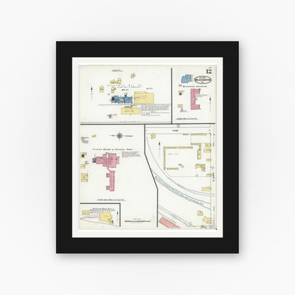 Old map wall art mockup — black gallery frame with white mat — Sanborn Fire Insurance Map from Weatherford, Parker County, Texas (1921), Sheet #0012
