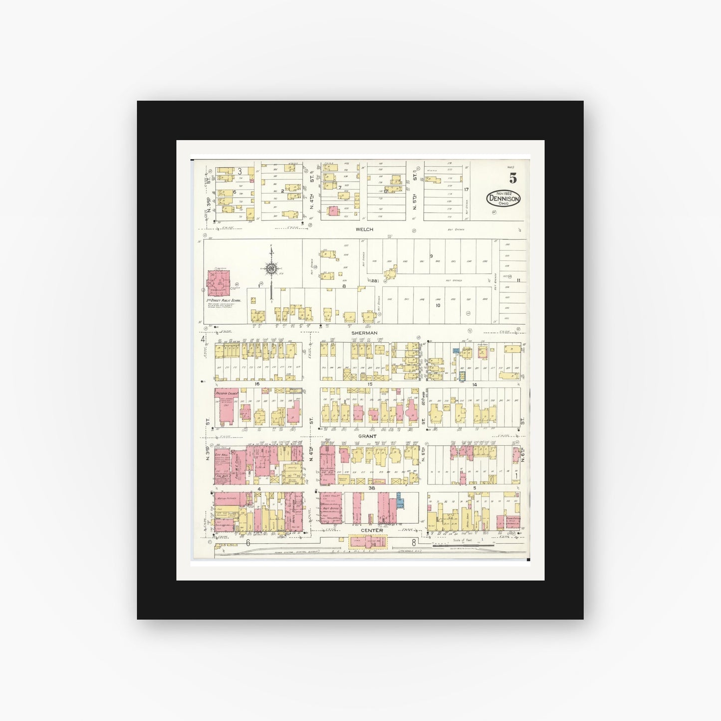 Old map wall art mockup — black gallery frame with white mat — Sanborn Fire Insurance Map from Dennison, Tuscarawas County, Ohio (1921), Sheet #0005