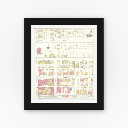 Old map wall art mockup — black gallery frame with white mat — Sanborn Fire Insurance Map from Dennison, Tuscarawas County, Ohio (1921), Sheet #0005
