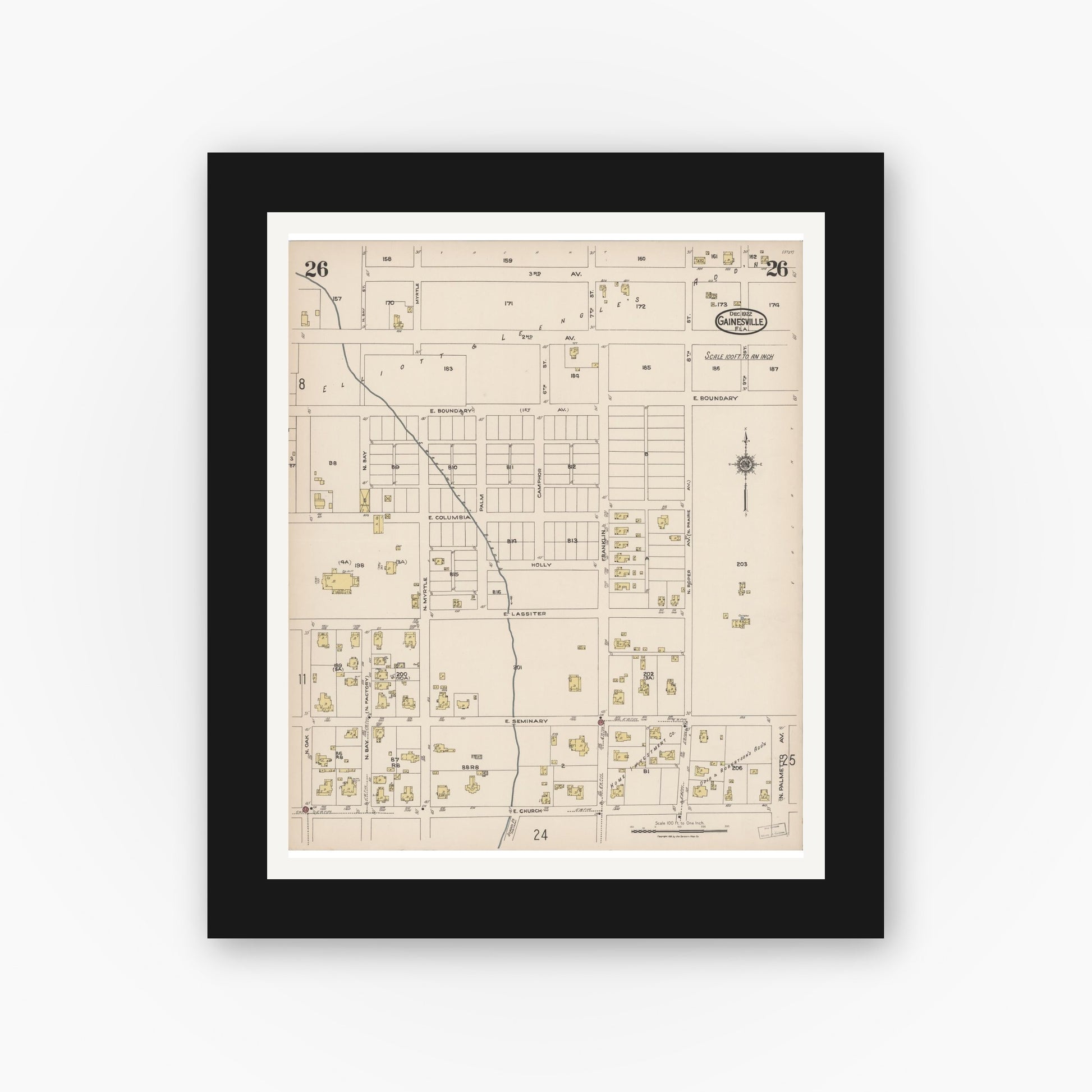 Old map wall art mockup — black gallery frame with white mat — Sanborn Fire Insurance Map from Gainesville, Alachua County, Florida (1922), Sheet #0026