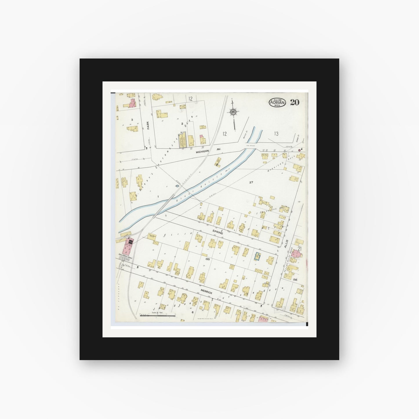 Old map wall art mockup — black gallery frame with white mat — Sanborn Fire Insurance Map from Adrian, Lenawee County, Michigan (1916), Sheet #0020