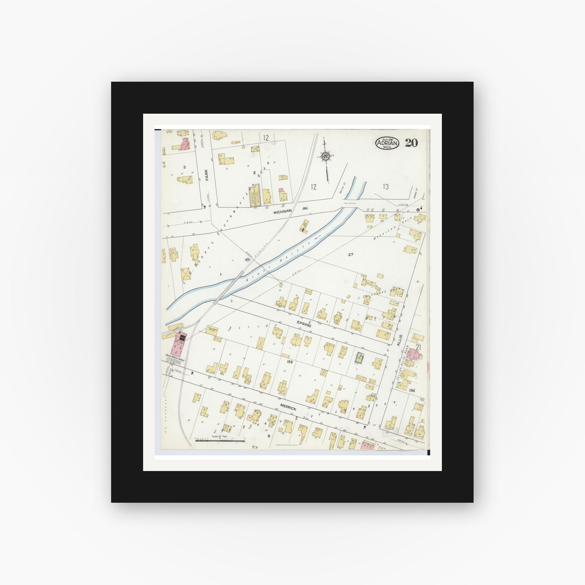 Old map wall art mockup — black gallery frame with white mat — Sanborn Fire Insurance Map from Adrian, Lenawee County, Michigan (1916), Sheet #0020