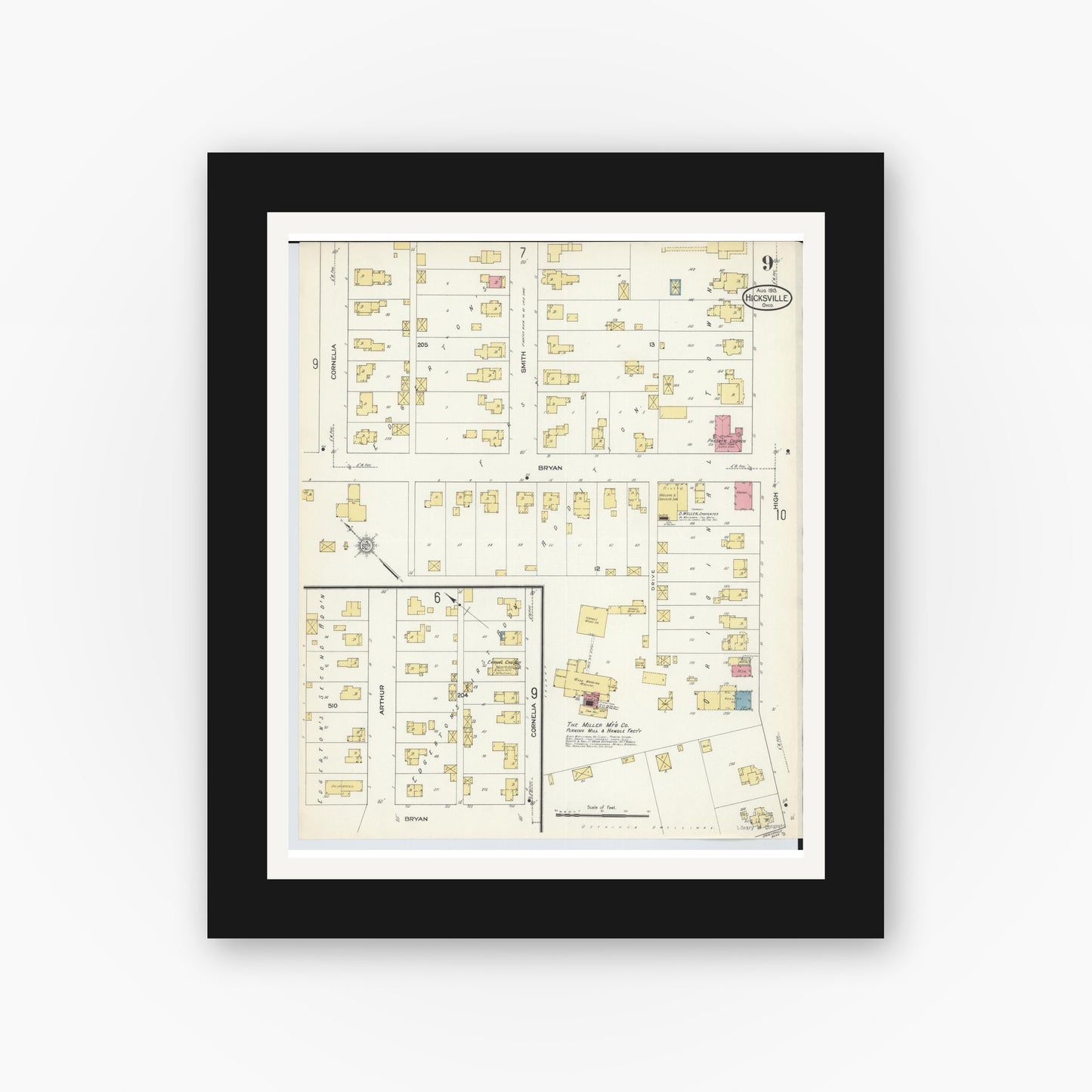 Old map wall art mockup — black gallery frame with white mat — Sanborn Fire Insurance Map from Hicksville, Defiance County, Ohio (1913), Sheet #0009