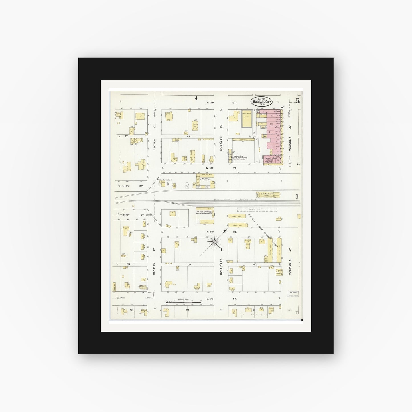 Old map wall art mockup — black gallery frame with white mat — Sanborn Fire Insurance Map from Hubbard, Hill County, Texas (1909), Sheet #0005