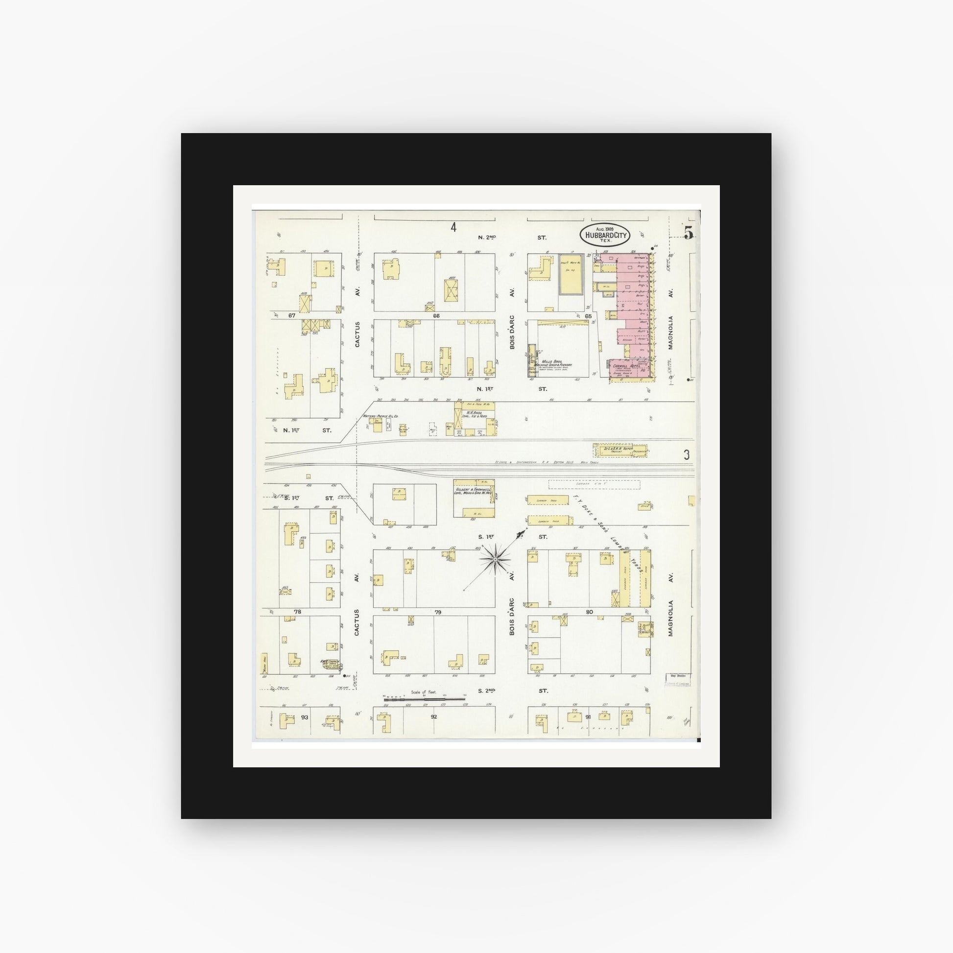 Old map wall art mockup — black gallery frame with white mat — Sanborn Fire Insurance Map from Hubbard, Hill County, Texas (1909), Sheet #0005