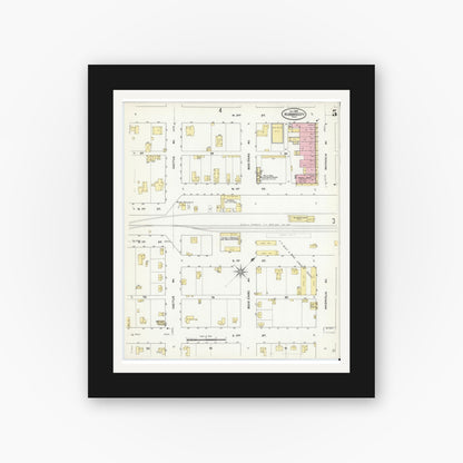 Old map wall art mockup — black gallery frame with white mat — Sanborn Fire Insurance Map from Hubbard, Hill County, Texas (1909), Sheet #0005