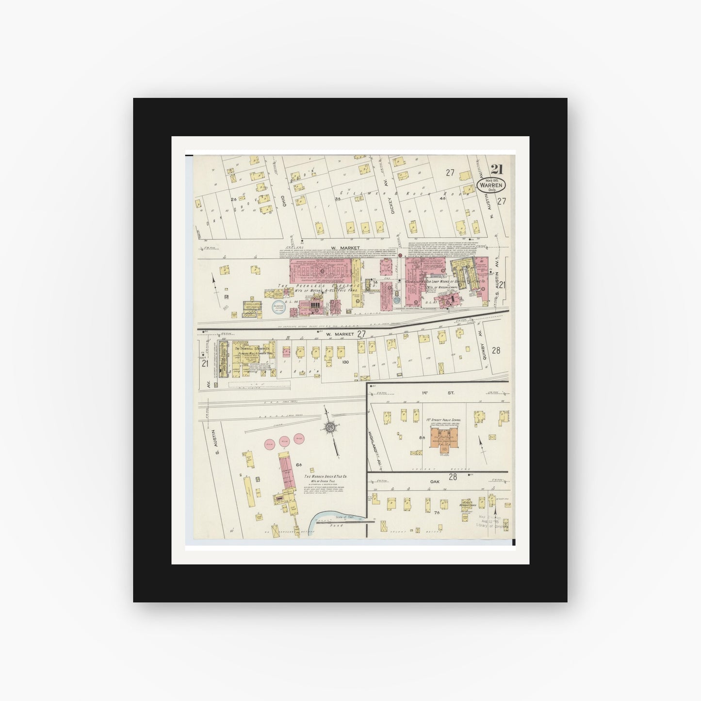 Old map wall art mockup — black gallery frame with white mat — Sanborn Fire Insurance Map from Warren, Trumbull County, Ohio (1915), Sheet #0021