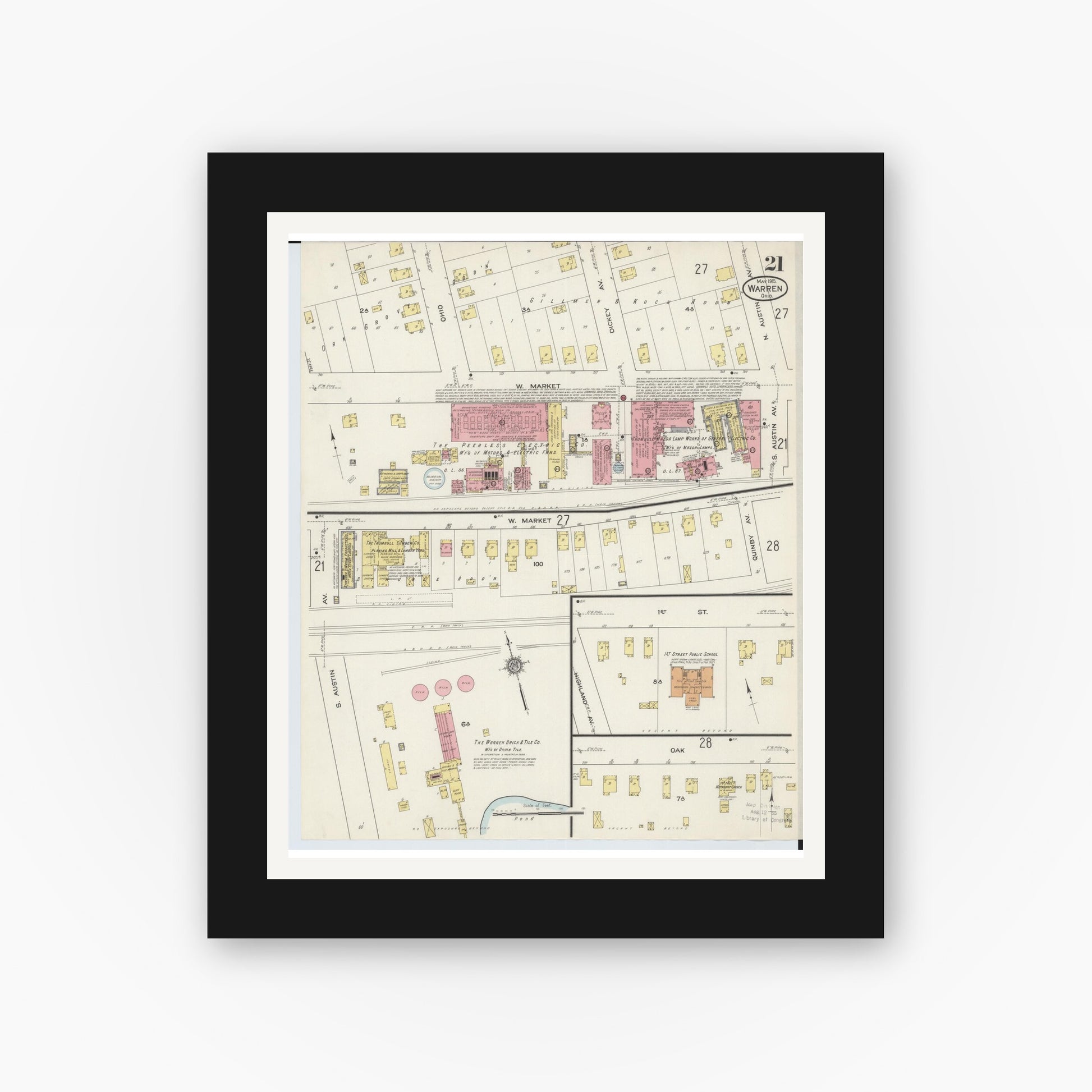 Old map wall art mockup — black gallery frame with white mat — Sanborn Fire Insurance Map from Warren, Trumbull County, Ohio (1915), Sheet #0021