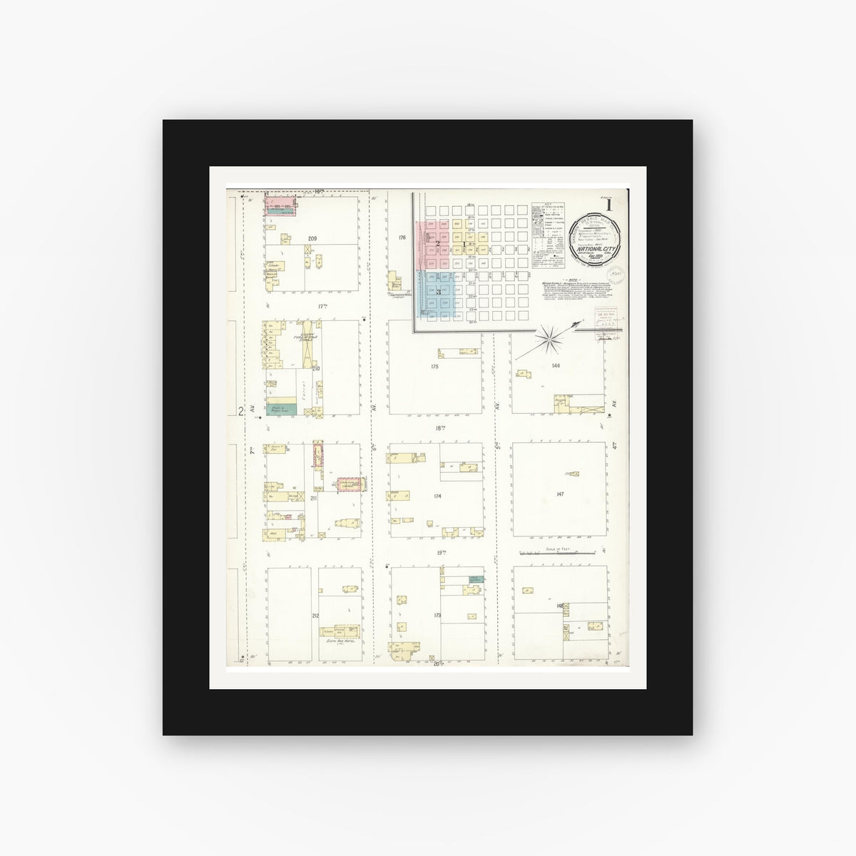 Old map wall art mockup — black gallery frame with white mat — Sanborn Fire Insurance Map from National City, San Diego County, California (1899) - Complete Map Set