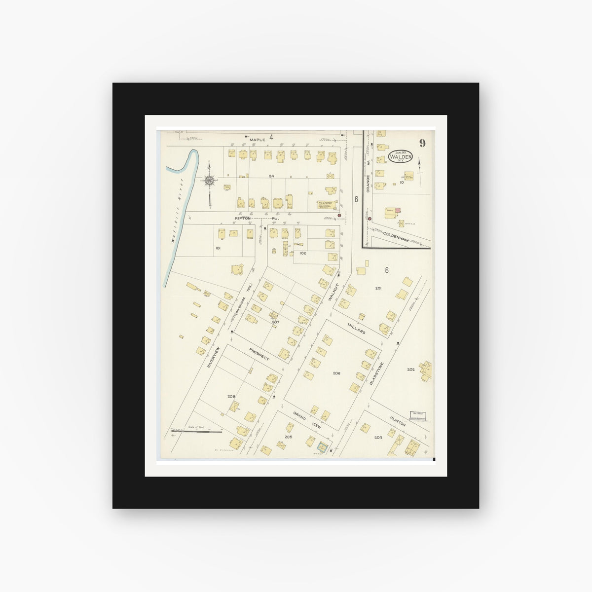 Old map wall art mockup — black gallery frame with white mat — Sanborn Fire Insurance Map from Walden, Orange County, New York (1913), Sheet #0009