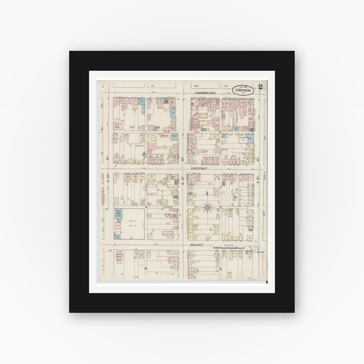 Old map wall art mockup — black gallery frame with white mat — Sanborn Fire Insurance Map from Lebanon, Lebanon County, Pennsylvania (1887), Sheet #0002