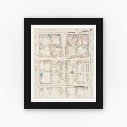 Old map wall art mockup — black gallery frame with white mat — Sanborn Fire Insurance Map from Lebanon, Lebanon County, Pennsylvania (1887), Sheet #0002