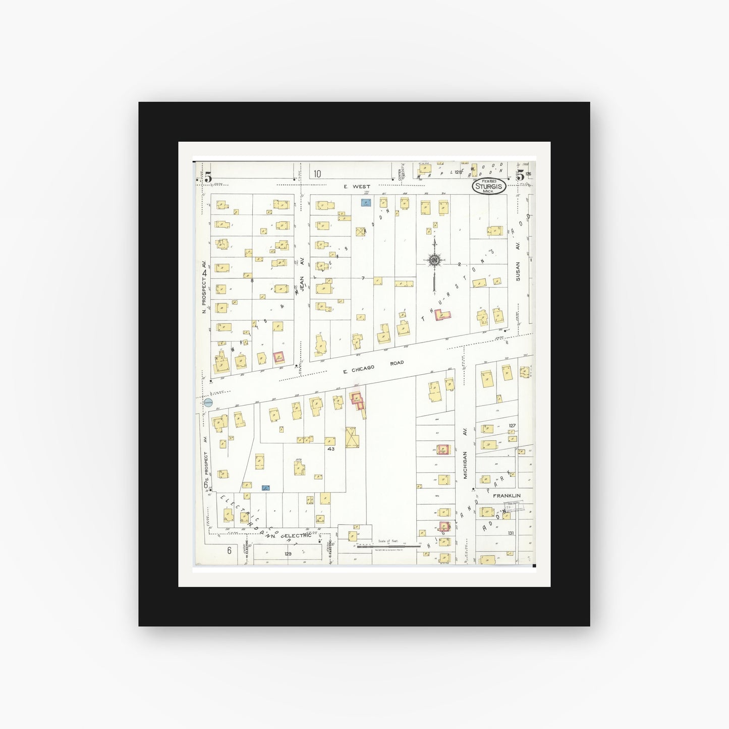 Old map wall art mockup — black gallery frame with white mat — Sanborn Fire Insurance Map from Sturgis, Saint Joseph County, Michigan (1923), Sheet #0005