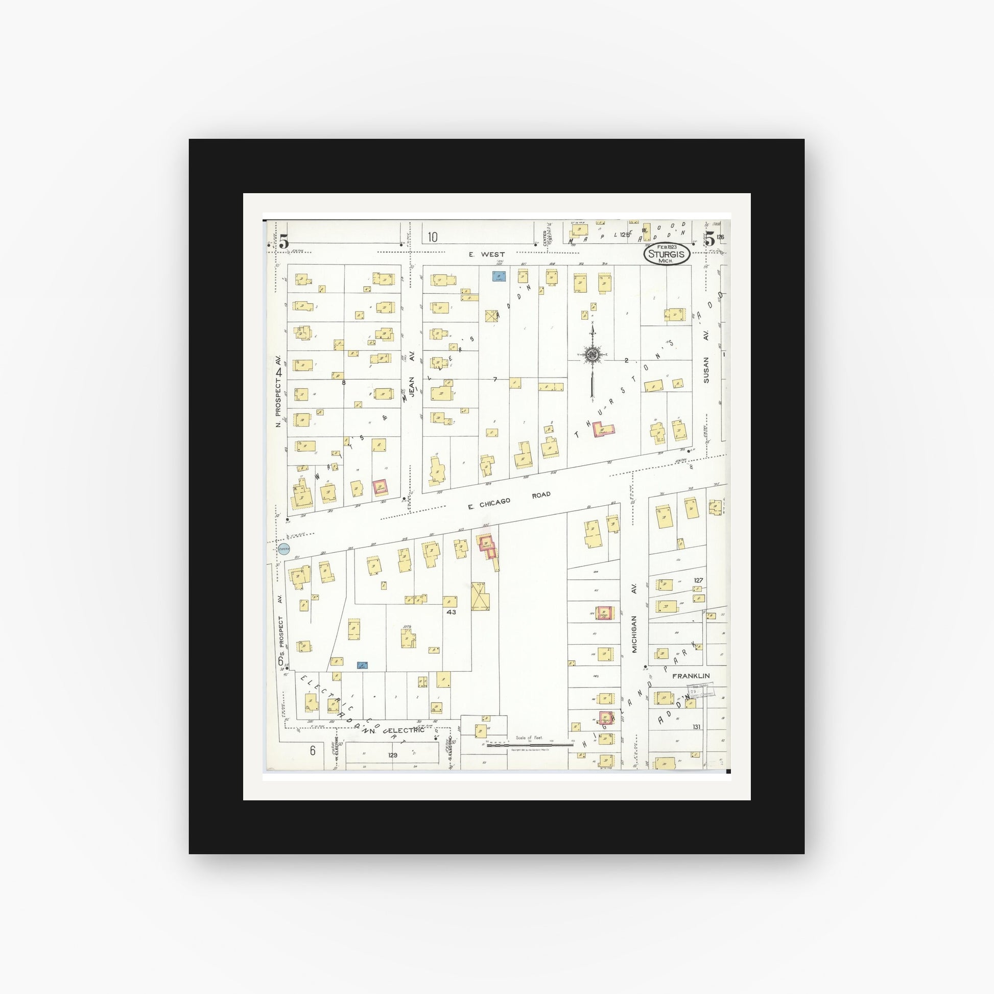 Old map wall art mockup — black gallery frame with white mat — Sanborn Fire Insurance Map from Sturgis, Saint Joseph County, Michigan (1923), Sheet #0005