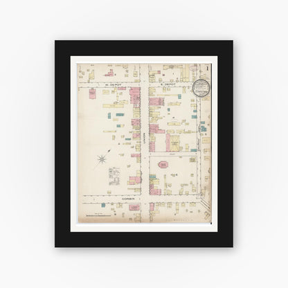 Old map wall art mockup — black gallery frame with white mat — Sanborn Fire Insurance Map from Concord, Cabarrus County, North Carolina (1885), Sheet #0001